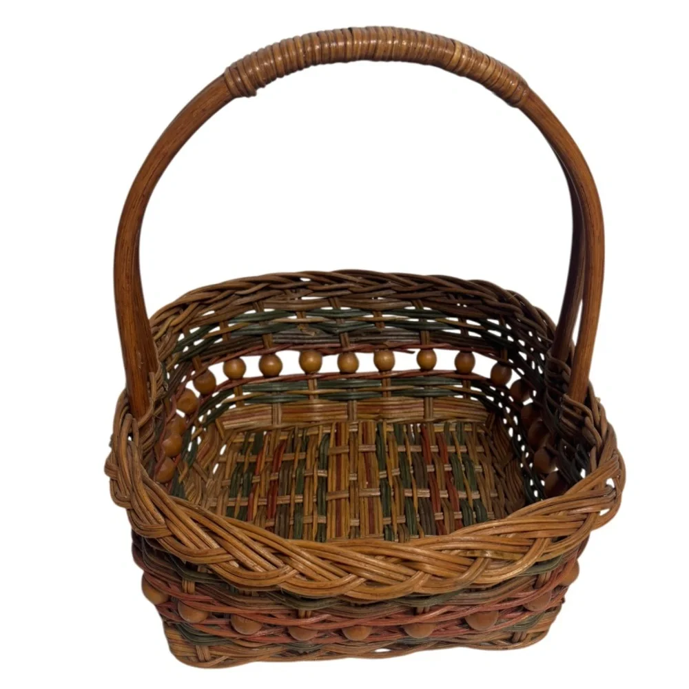 Vintage Gathering Basket Hand Crafted Natural Red Country Farmhouse Cottage Core